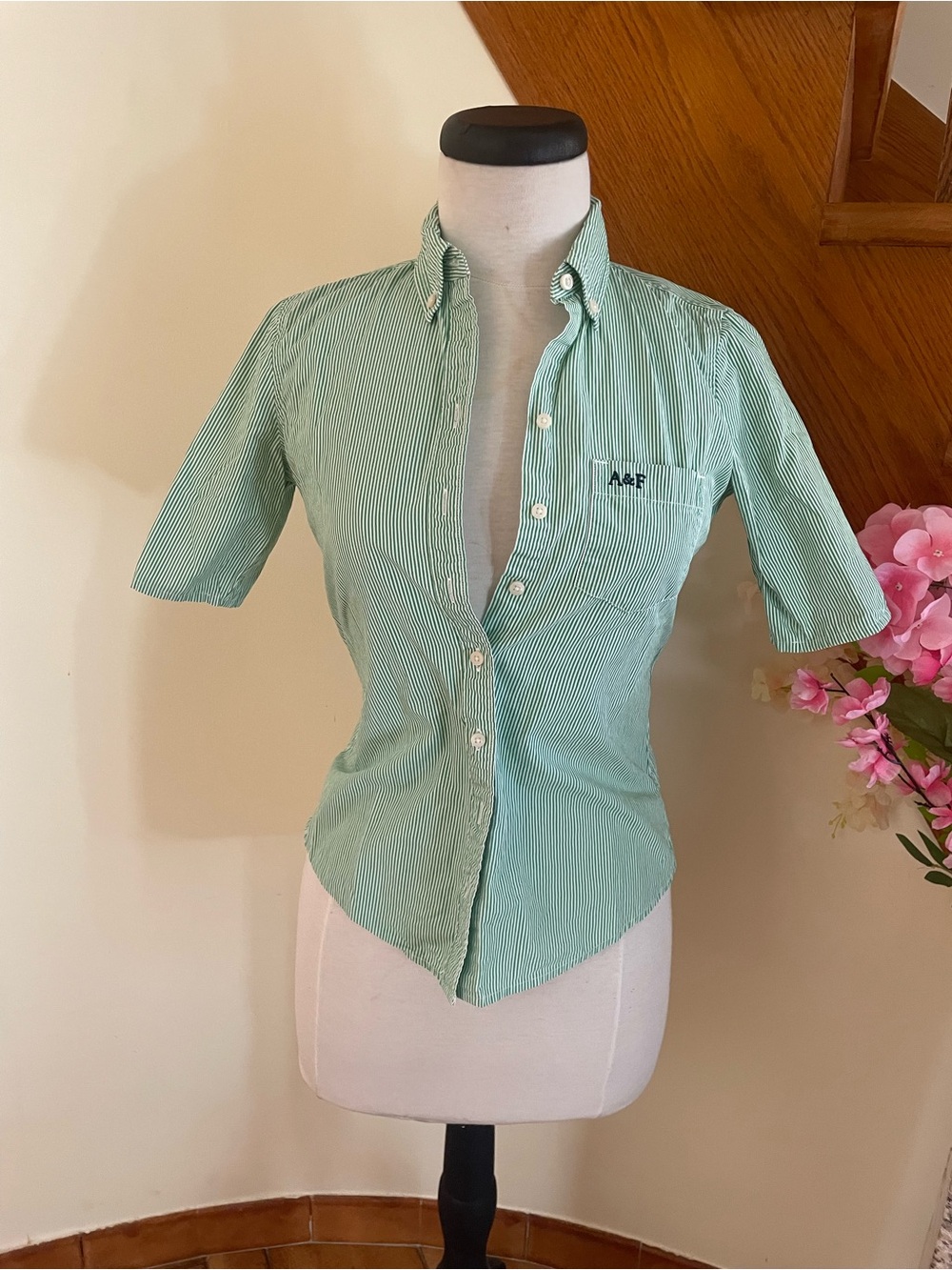 Abercrombie & Fitch Green and White Striped Shirt